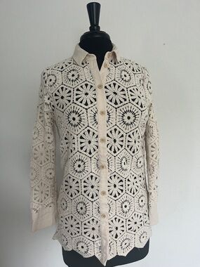 MNG Cream Crochet Button-Up Shirt